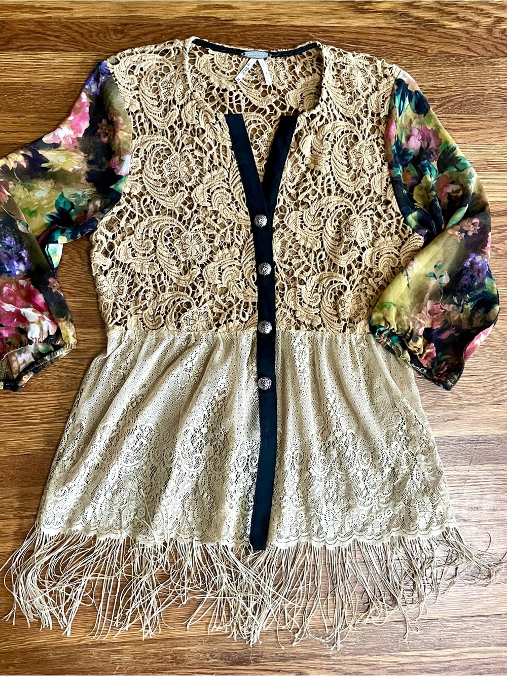 BKE M cardigan duster top sheer patchwork boho fringe crochet festival